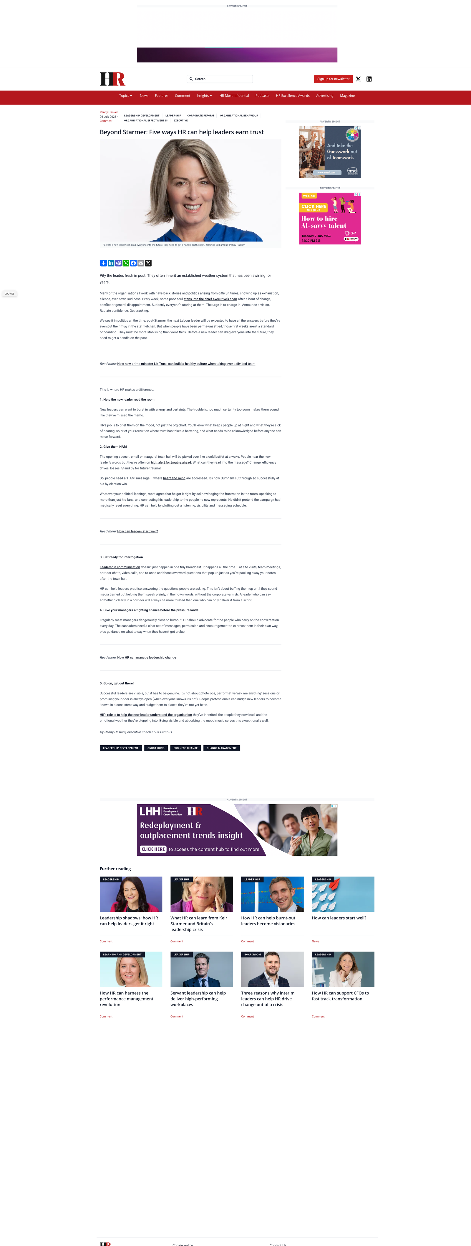 HR Magazine - Article by Penny Haslam - Beyond Starmer: Five ways HR can help leaders earn trust